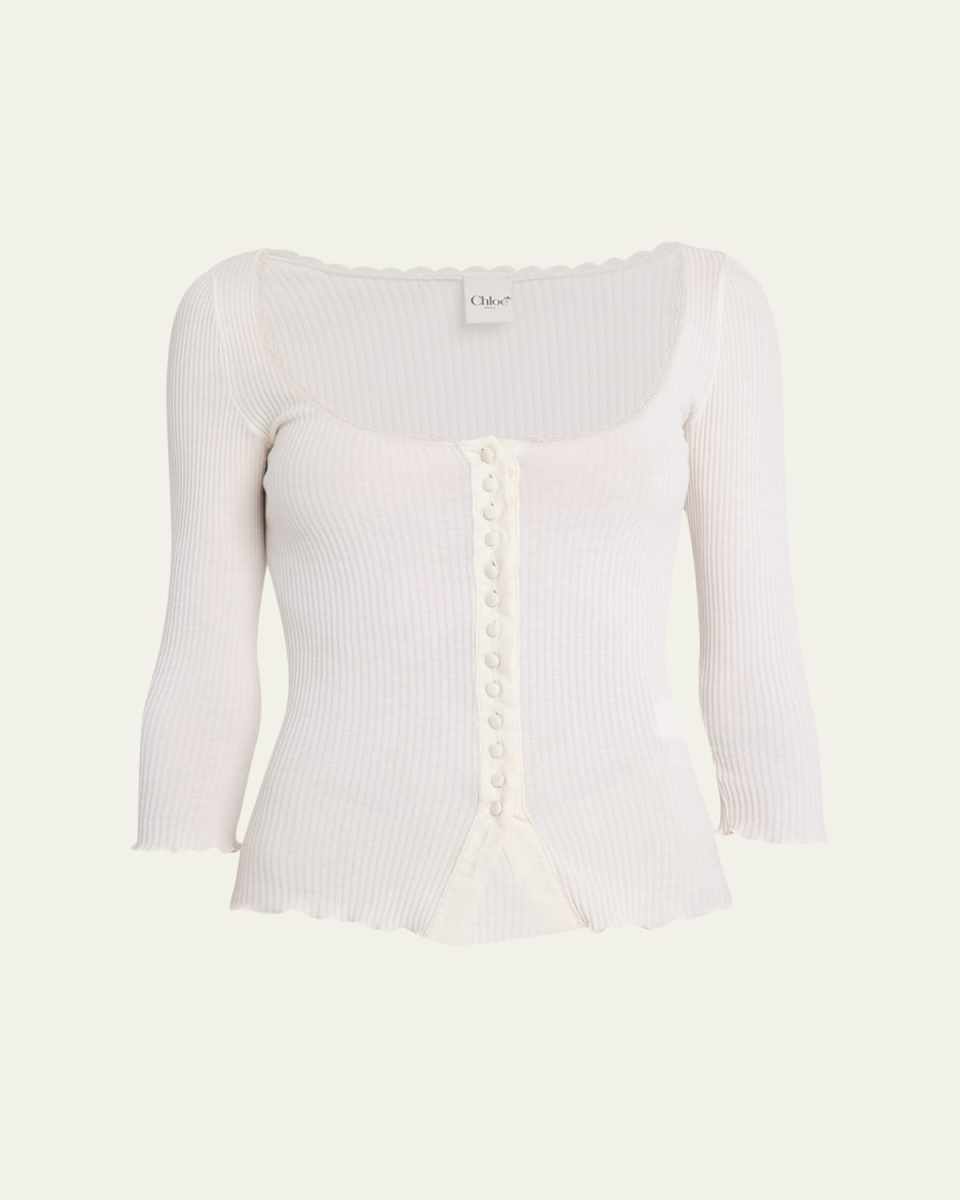 Lace-Trim Ribbed Button Top